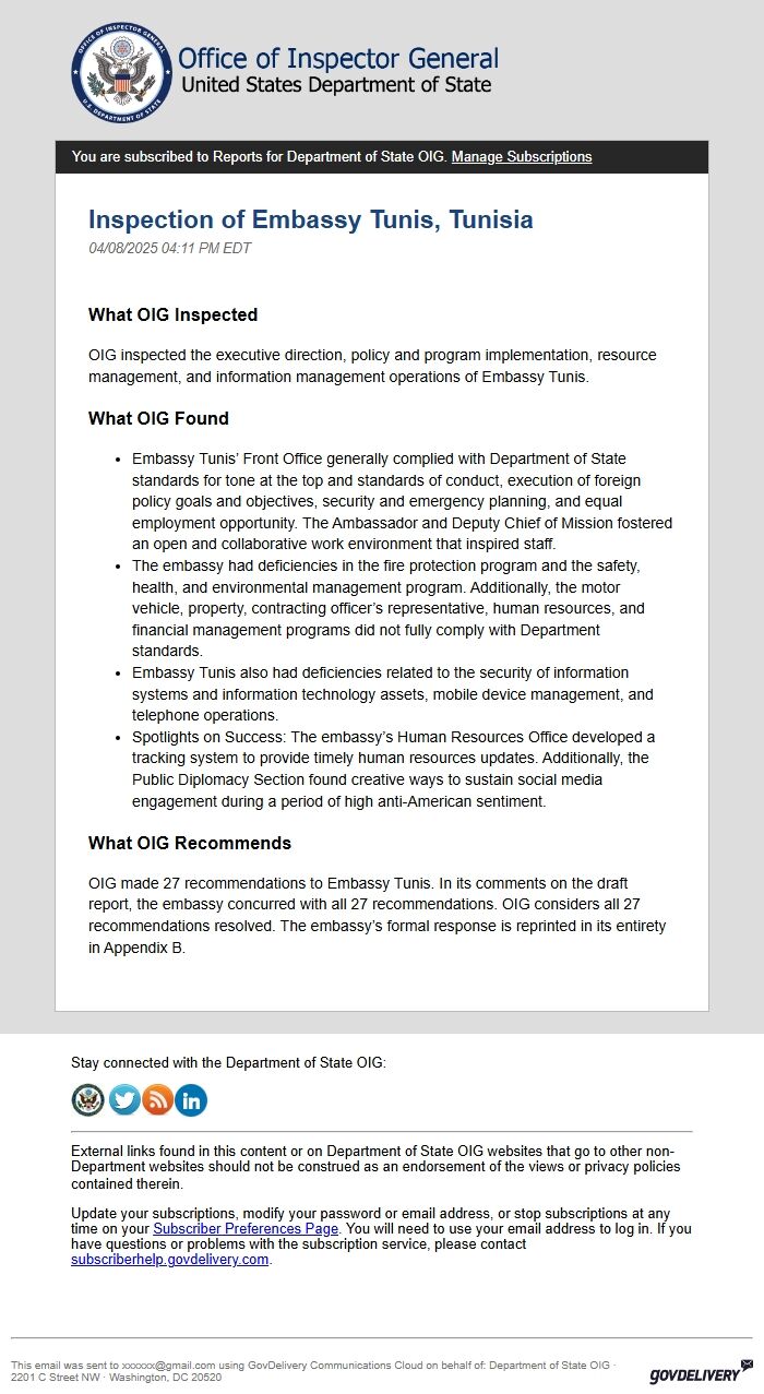 Screenshot of the email generated on import