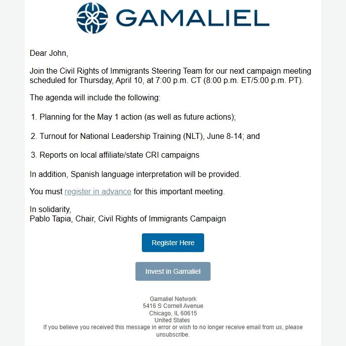 Screenshot of the email generated on import