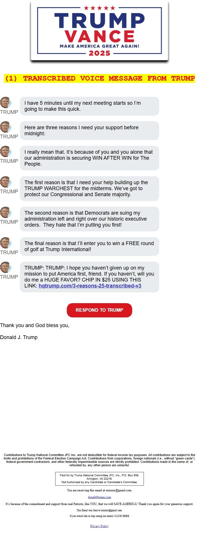 Screenshot of the email generated on import