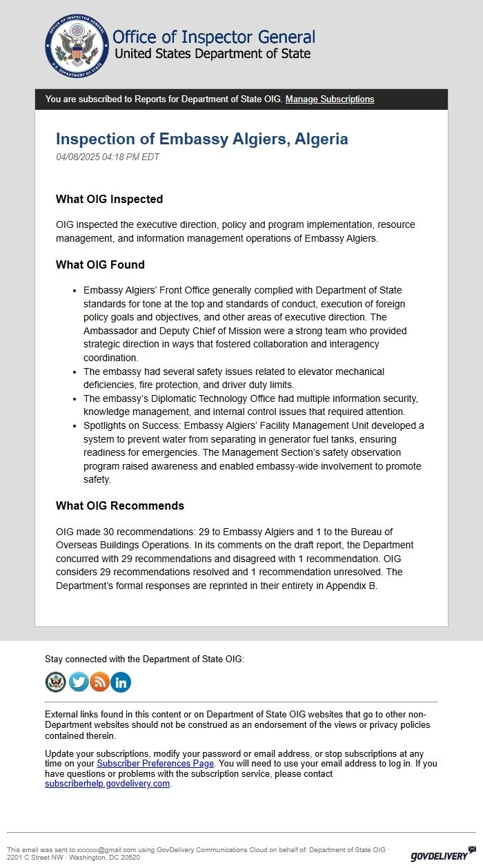 Screenshot of the email generated on import