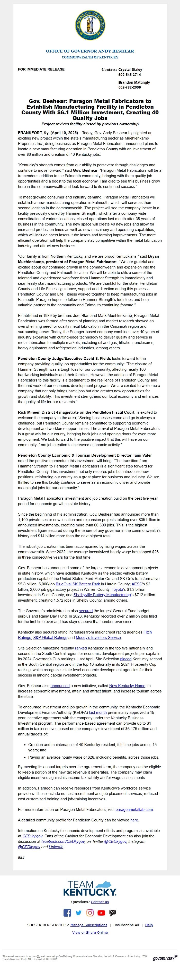 Screenshot of the email generated on import