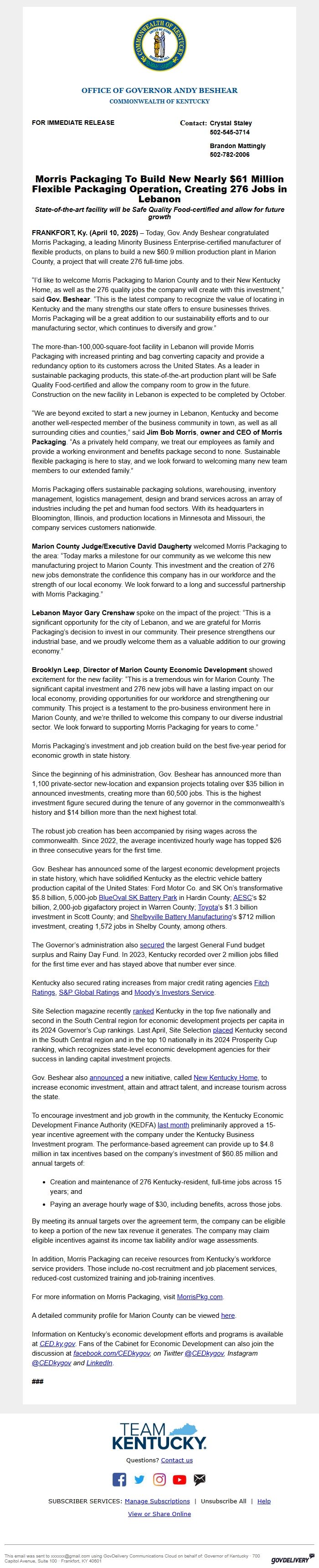 Screenshot of the email generated on import