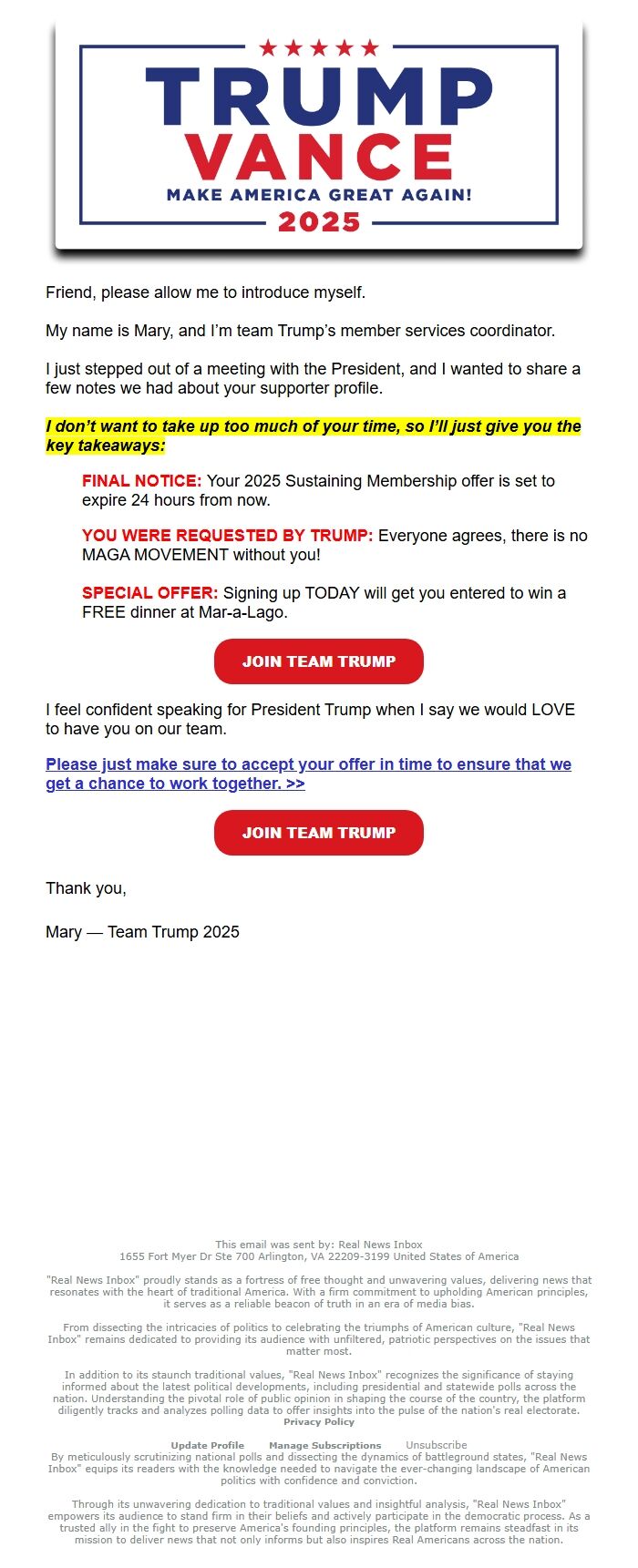 Screenshot of the email generated on import