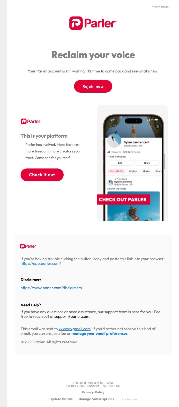 Screenshot of the email generated on import