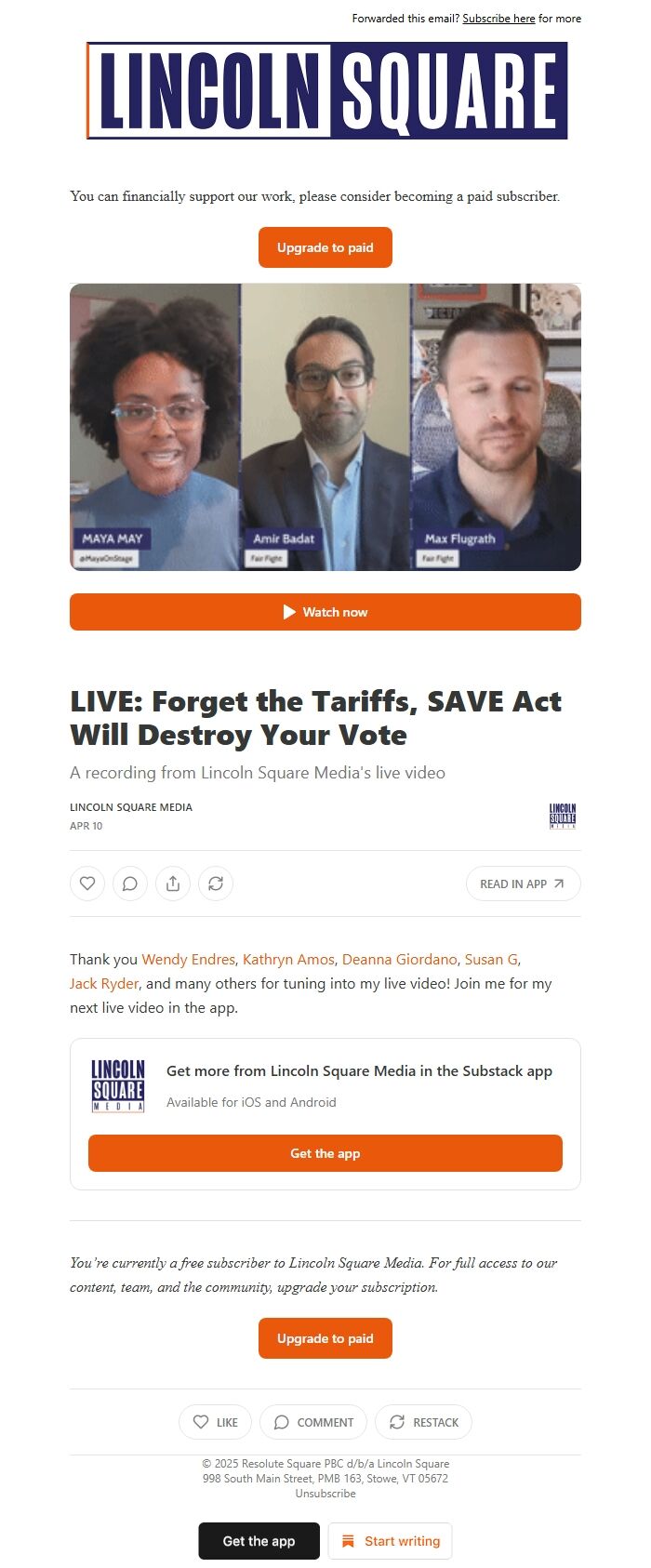 Screenshot of the email generated on import