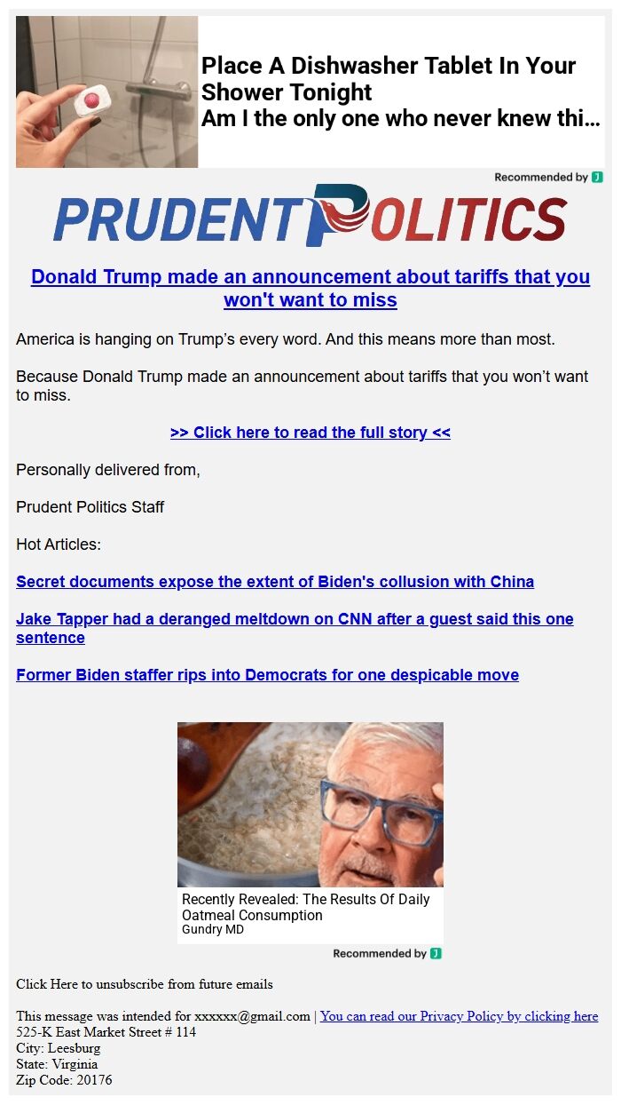 Screenshot of the email generated on import