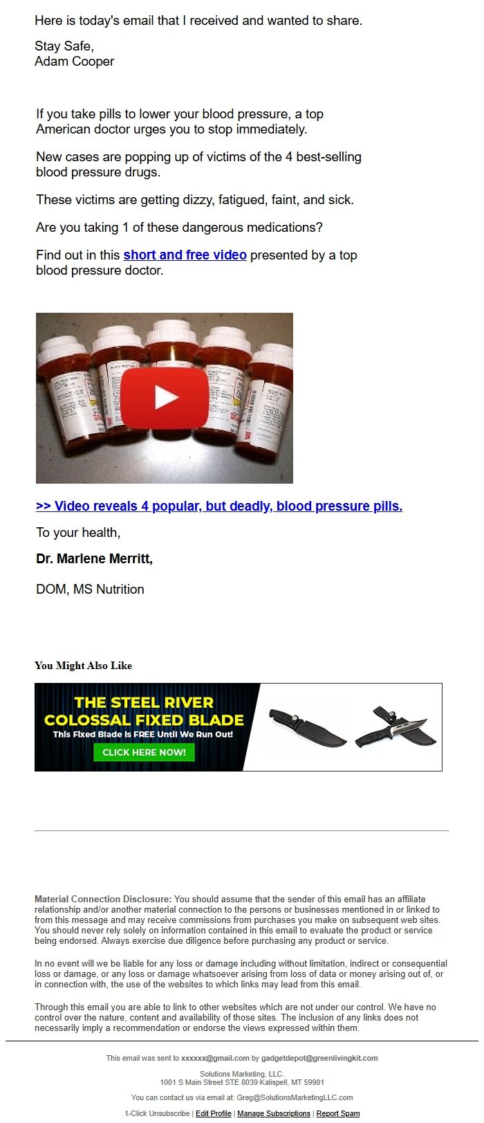 Screenshot of the email generated on import