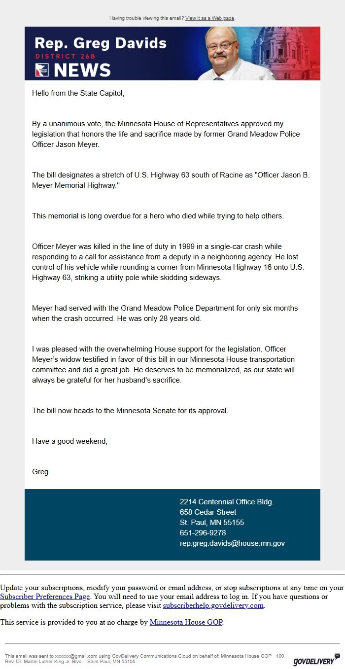 Screenshot of the email generated on import