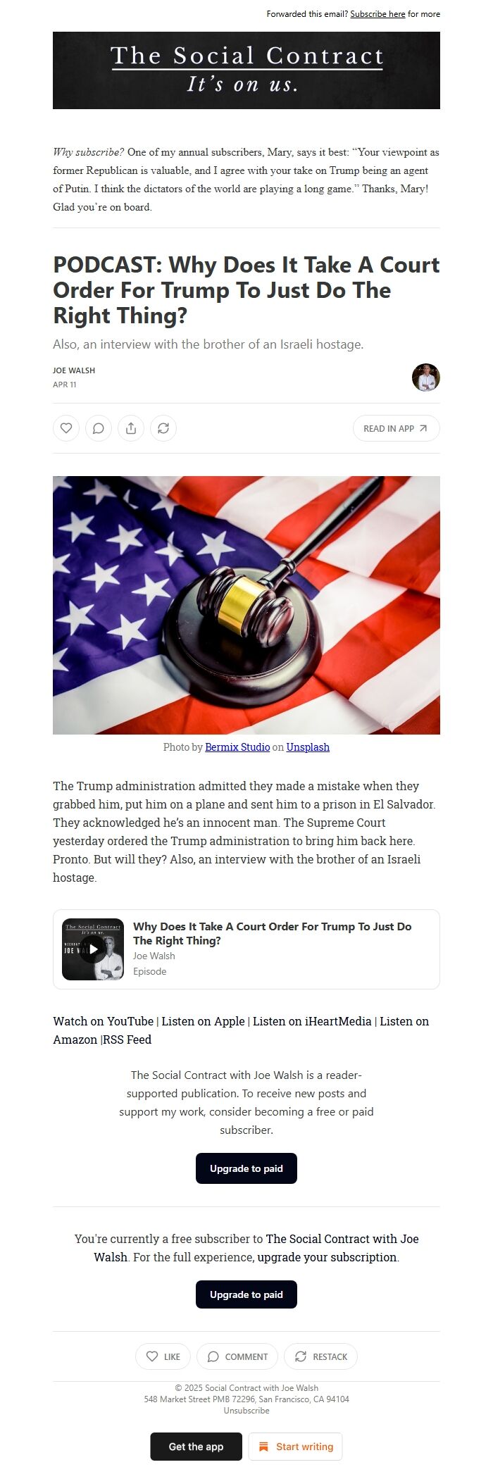 Screenshot of the email generated on import