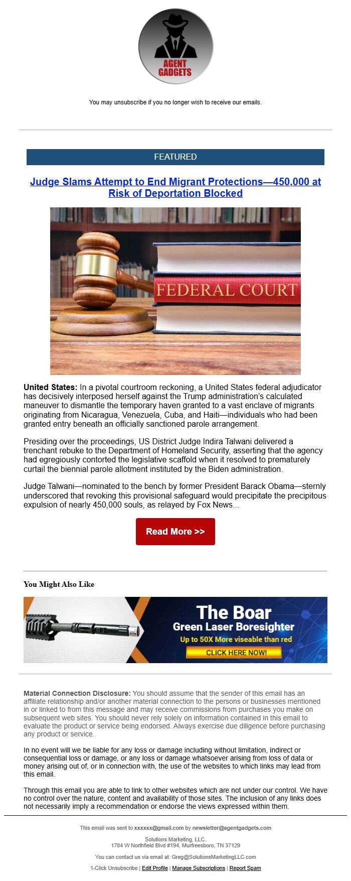 Screenshot of the email generated on import