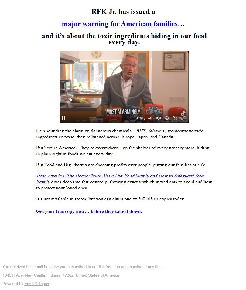 Screenshot of the email generated on import