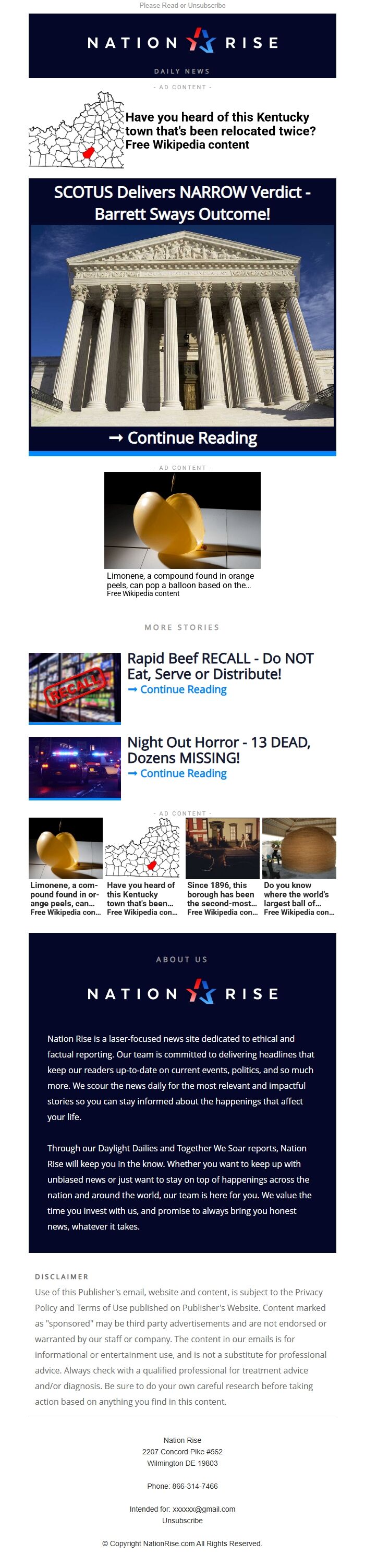 Screenshot of the email generated on import