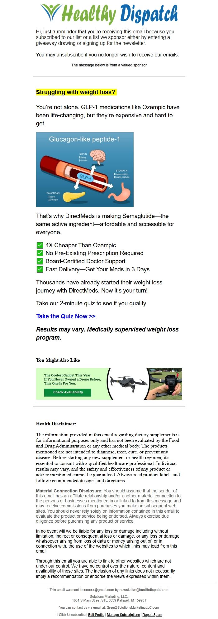 Screenshot of the email generated on import
