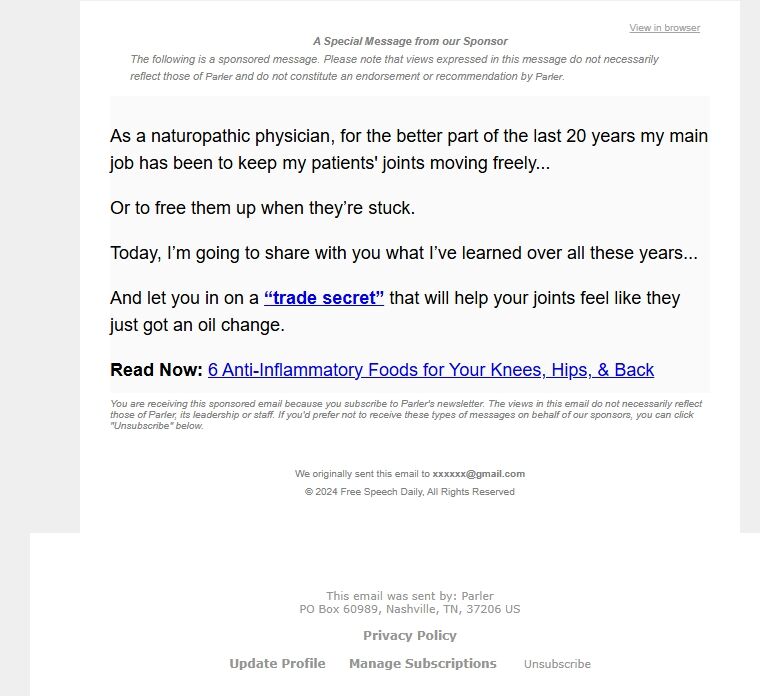 Screenshot of the email generated on import