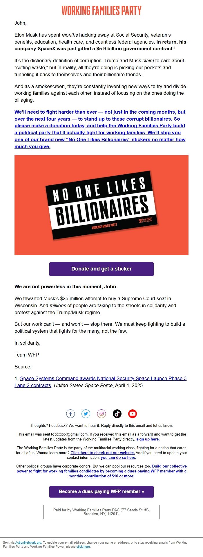 Screenshot of the email generated on import