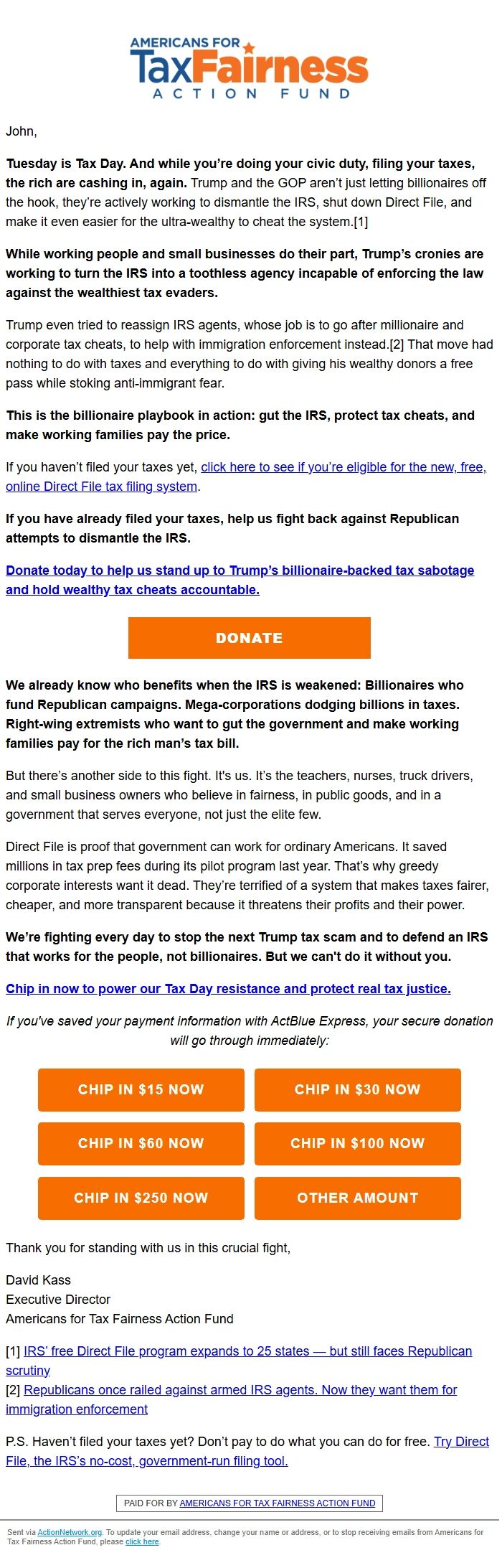 Screenshot of the email generated on import
