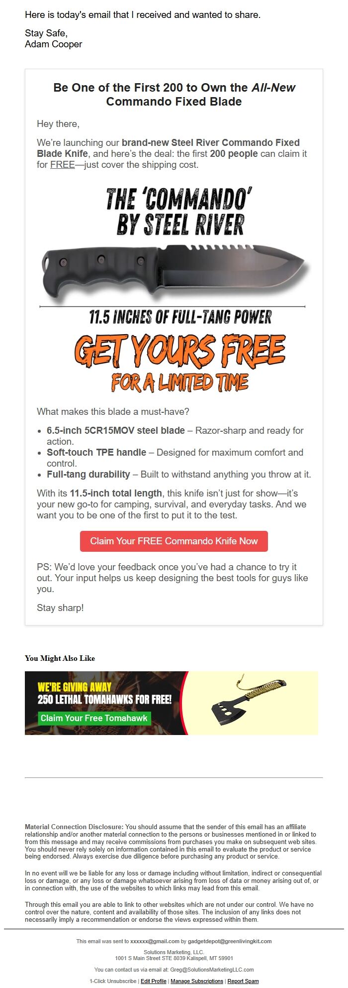 Screenshot of the email generated on import