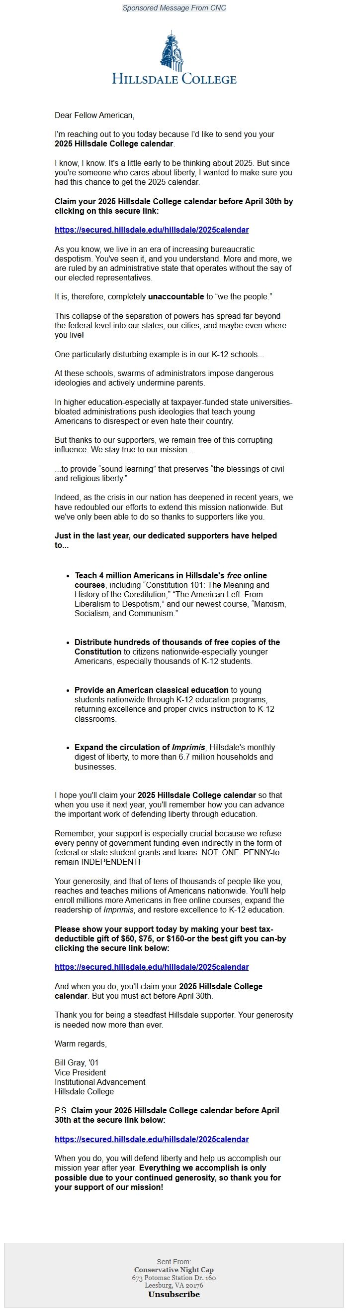 Screenshot of the email generated on import