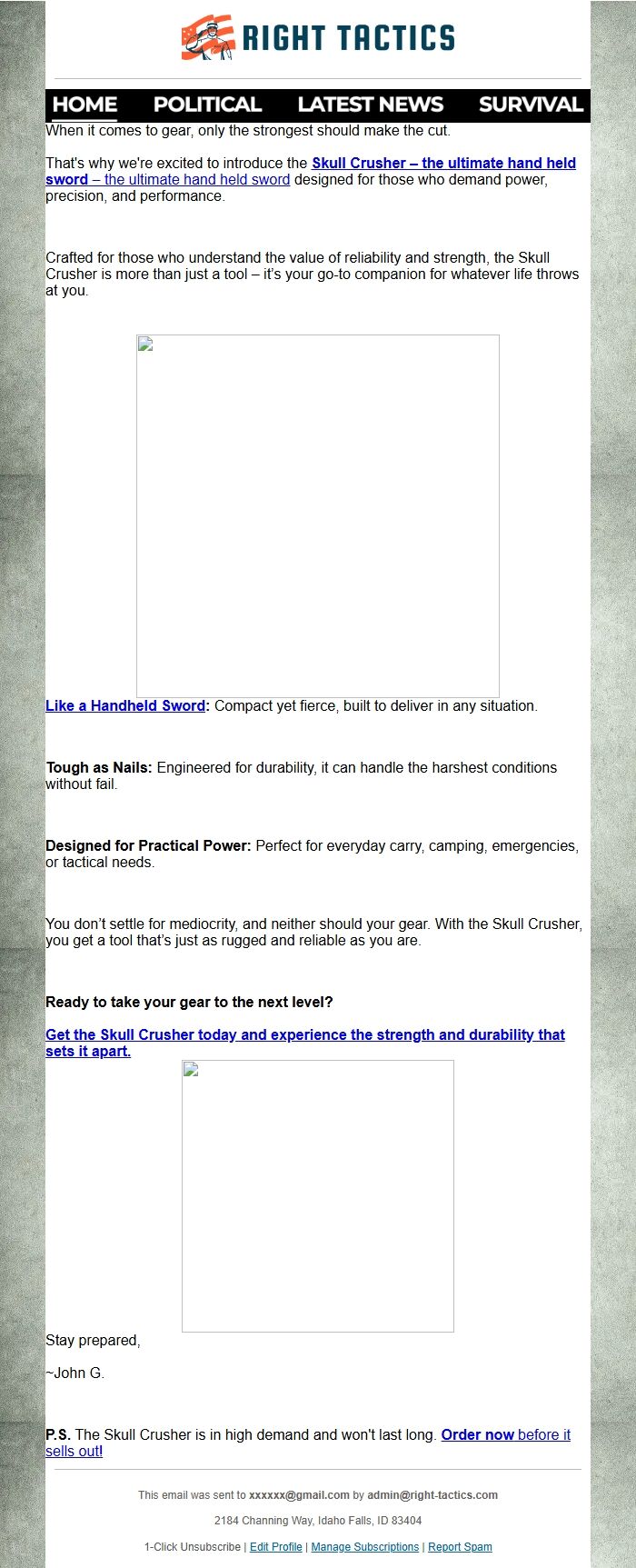 Screenshot of the email generated on import