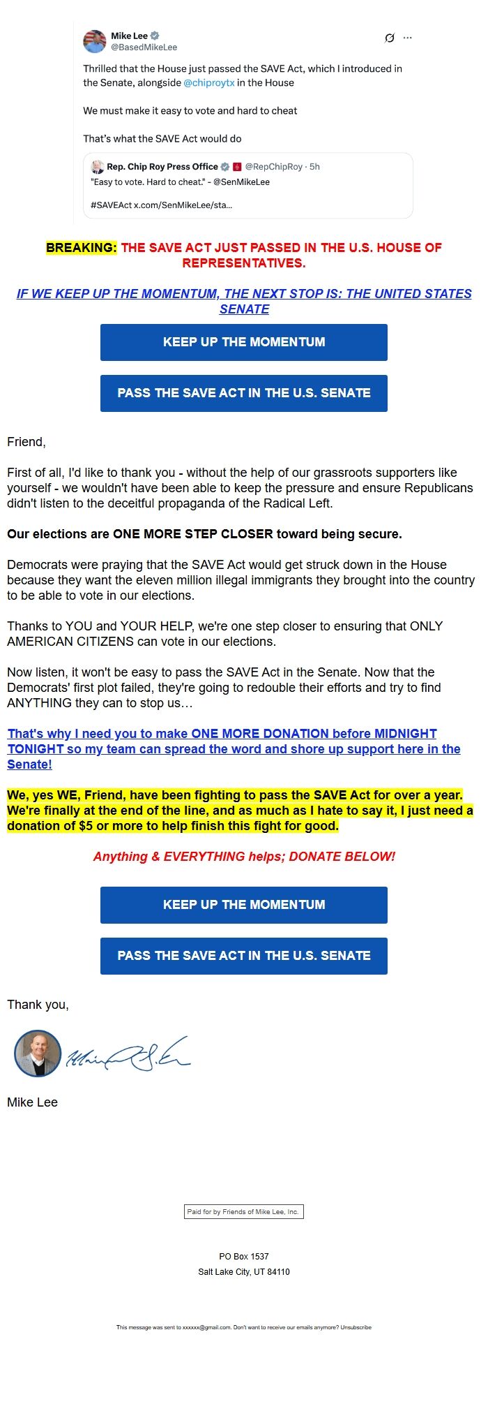 Screenshot of the email generated on import