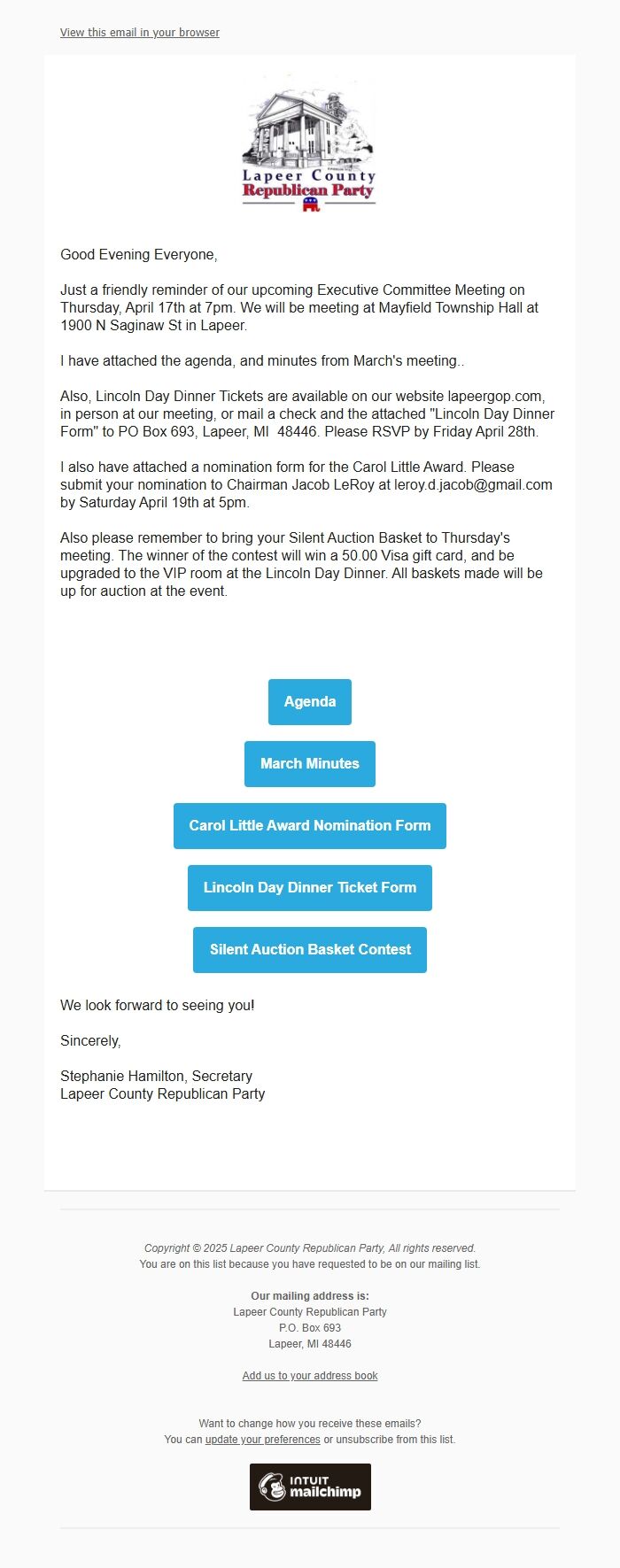 Screenshot of the email generated on import