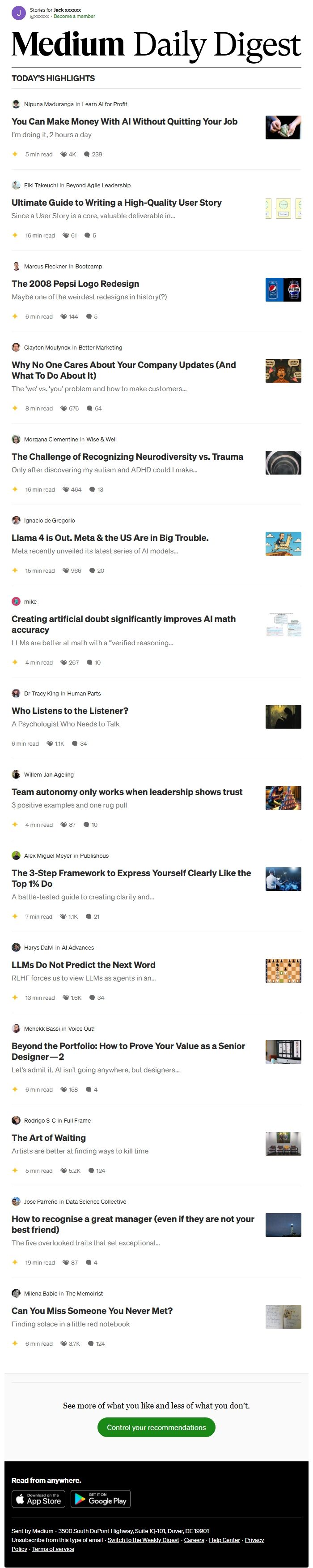 Screenshot of the email generated on import