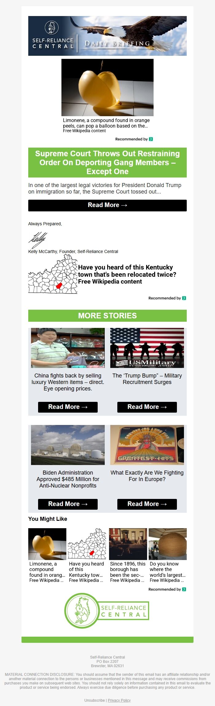 Screenshot of the email generated on import