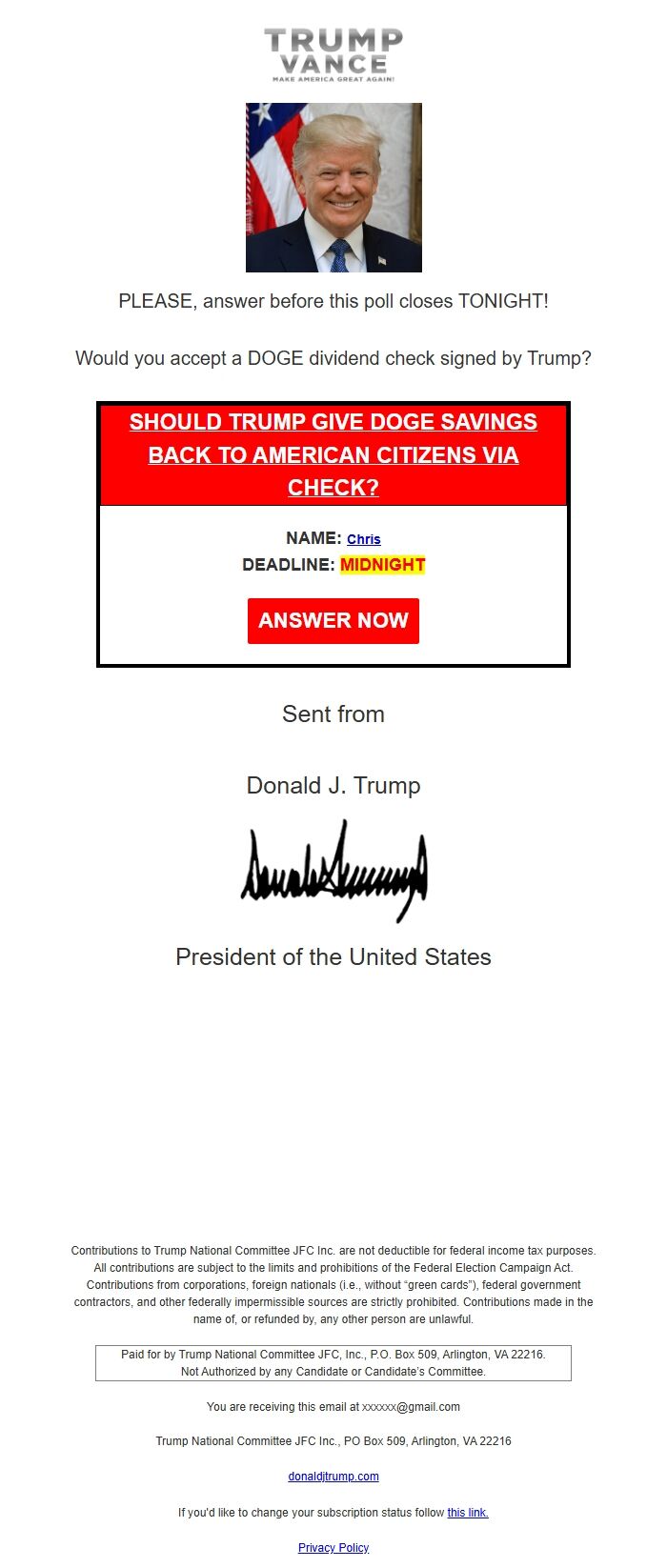 Screenshot of the email generated on import