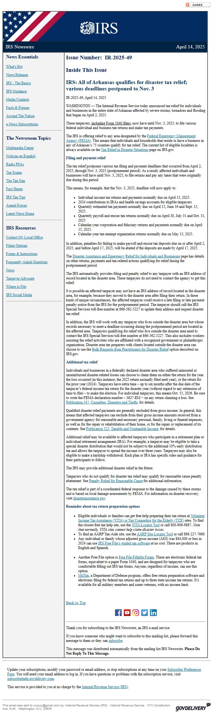 Screenshot of the email generated on import