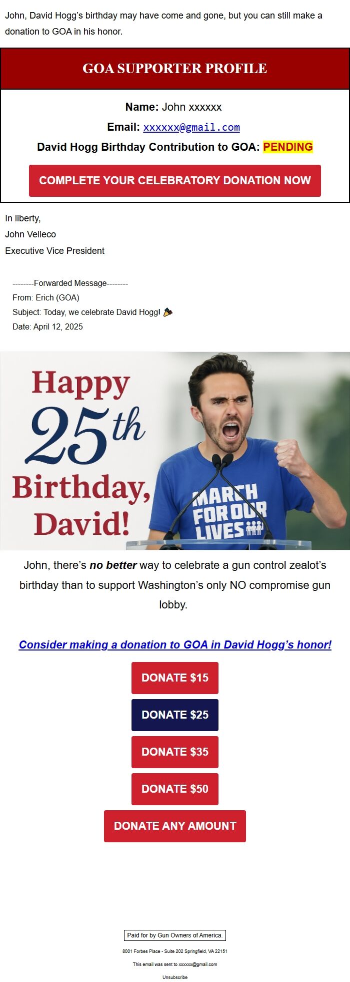 Screenshot of the email generated on import