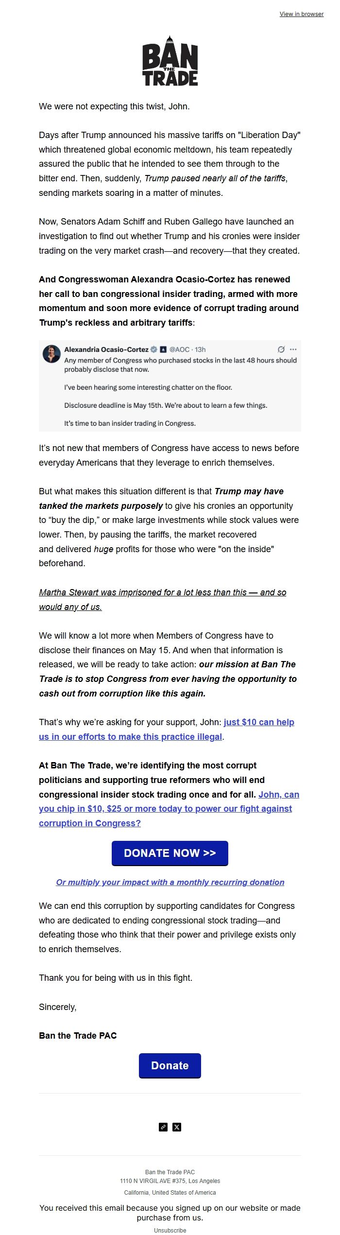 Screenshot of the email generated on import