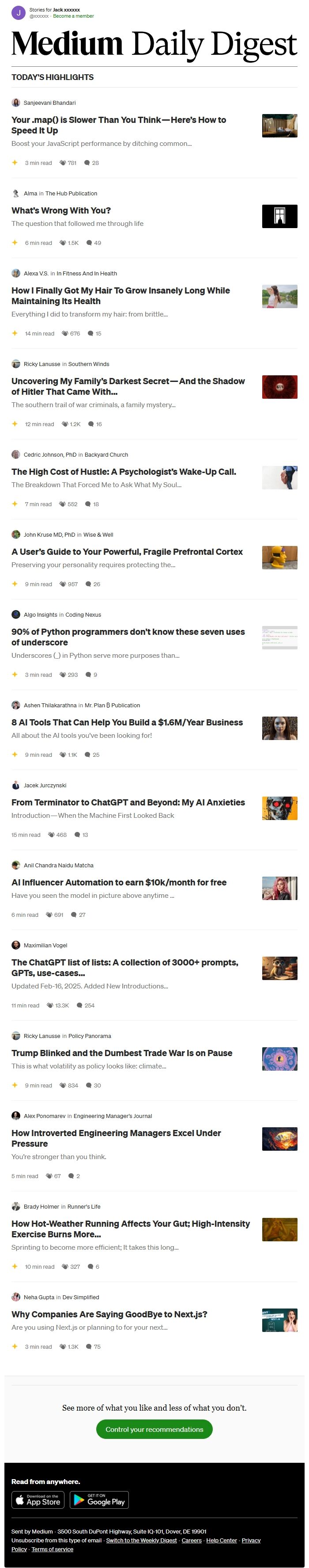 Screenshot of the email generated on import