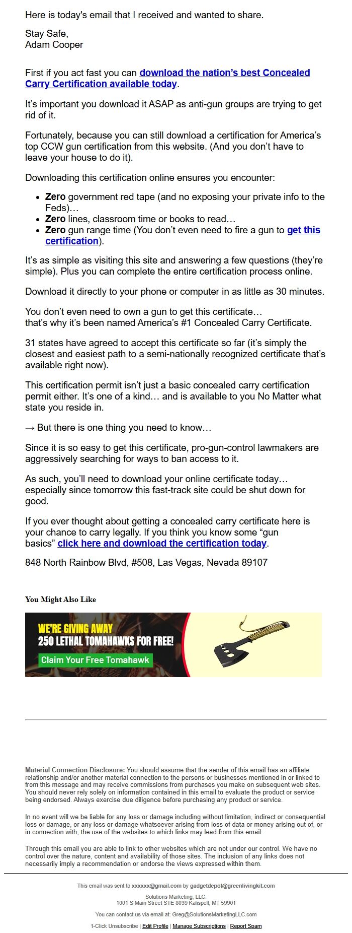 Screenshot of the email generated on import