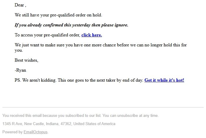 Screenshot of the email generated on import