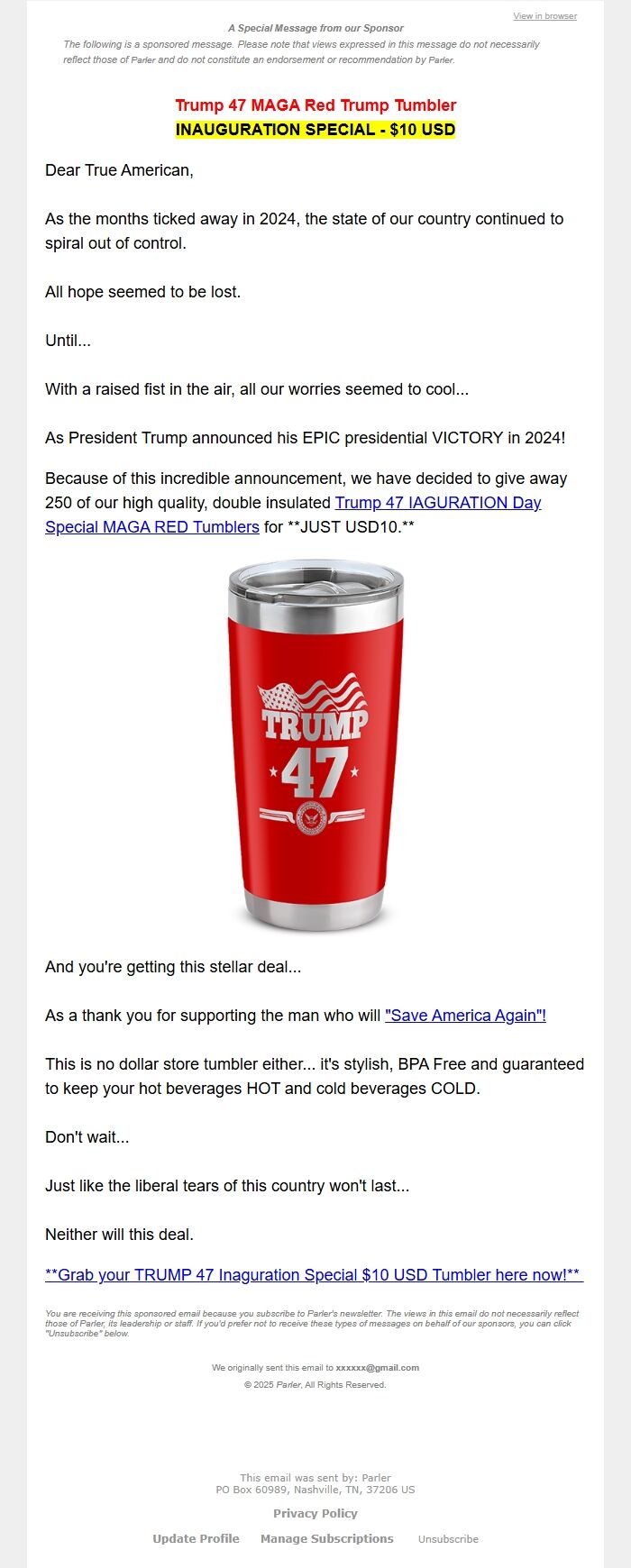 Screenshot of the email generated on import