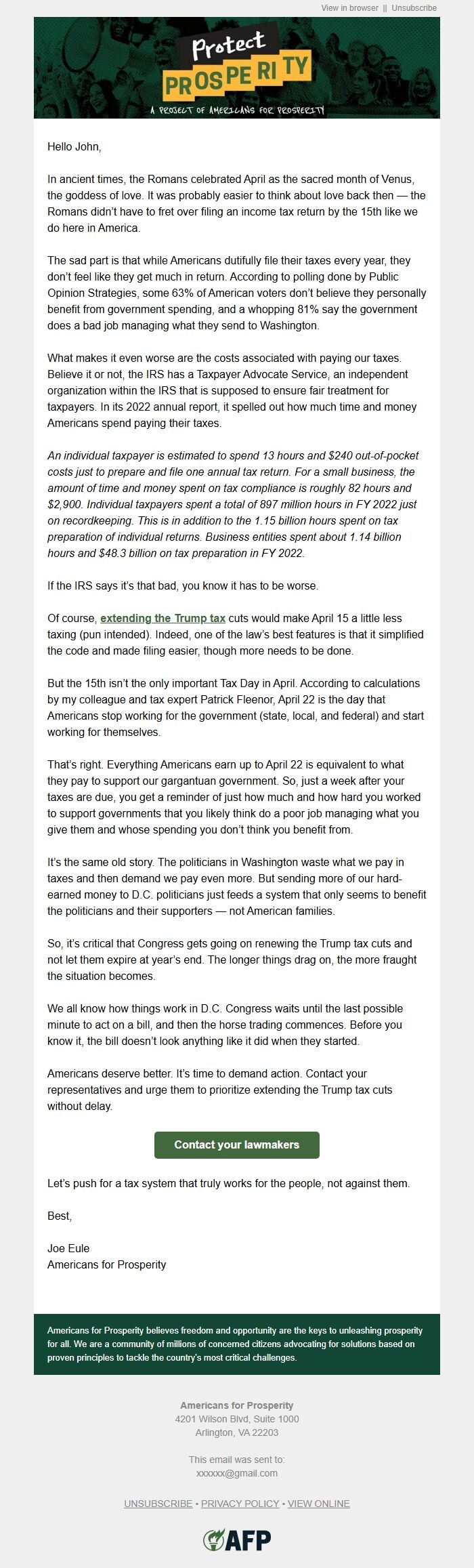 Screenshot of the email generated on import