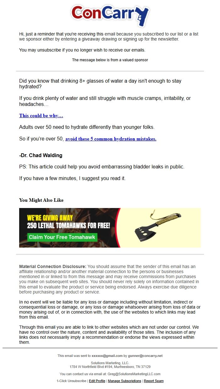 Screenshot of the email generated on import