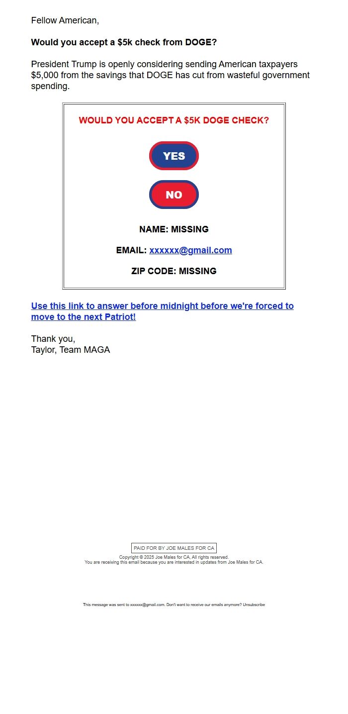 Screenshot of the email generated on import