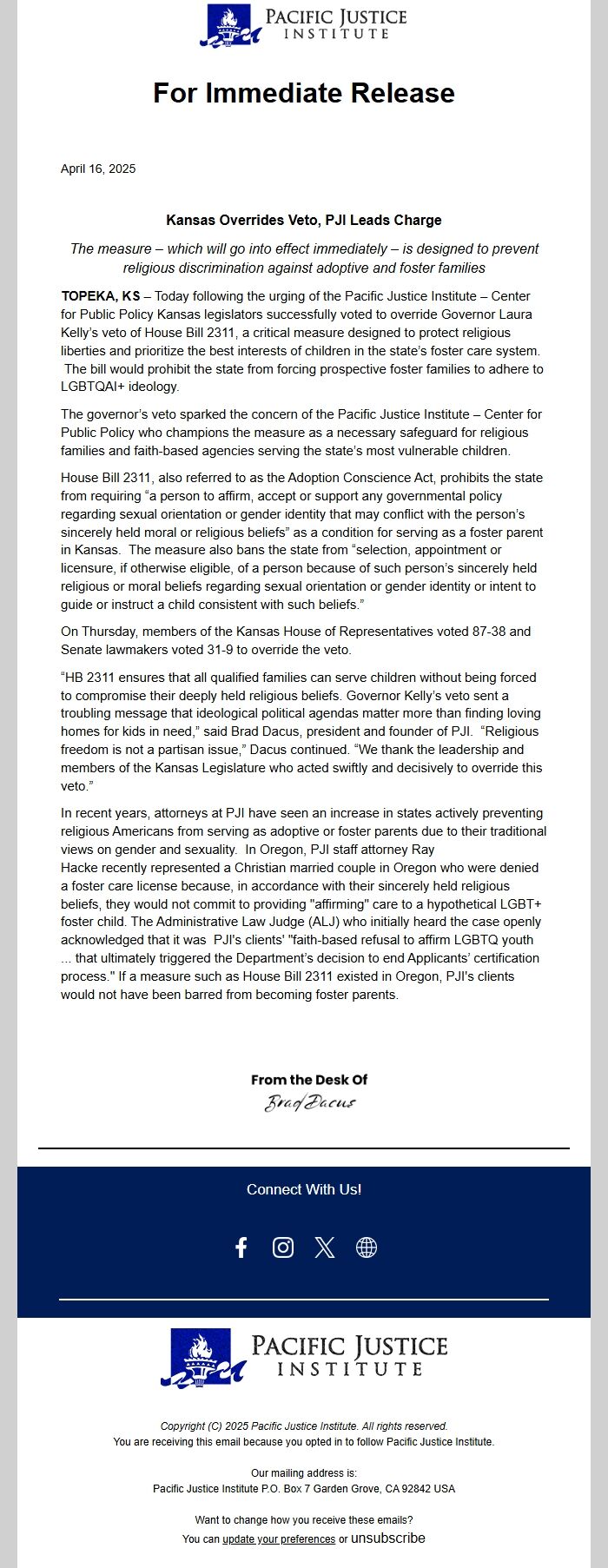 Screenshot of the email generated on import