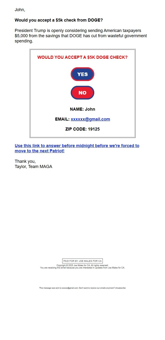Screenshot of the email generated on import