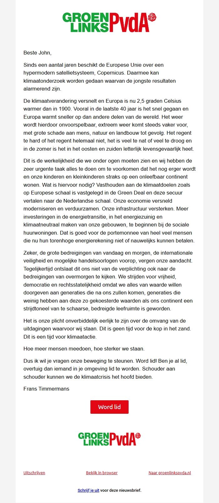 Screenshot of the email generated on import