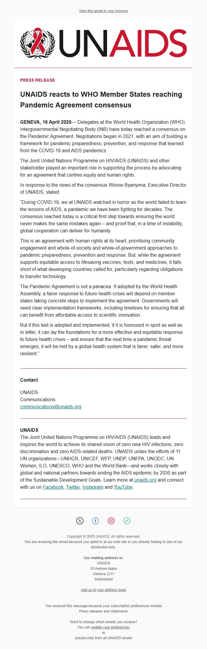 Screenshot of the email generated on import