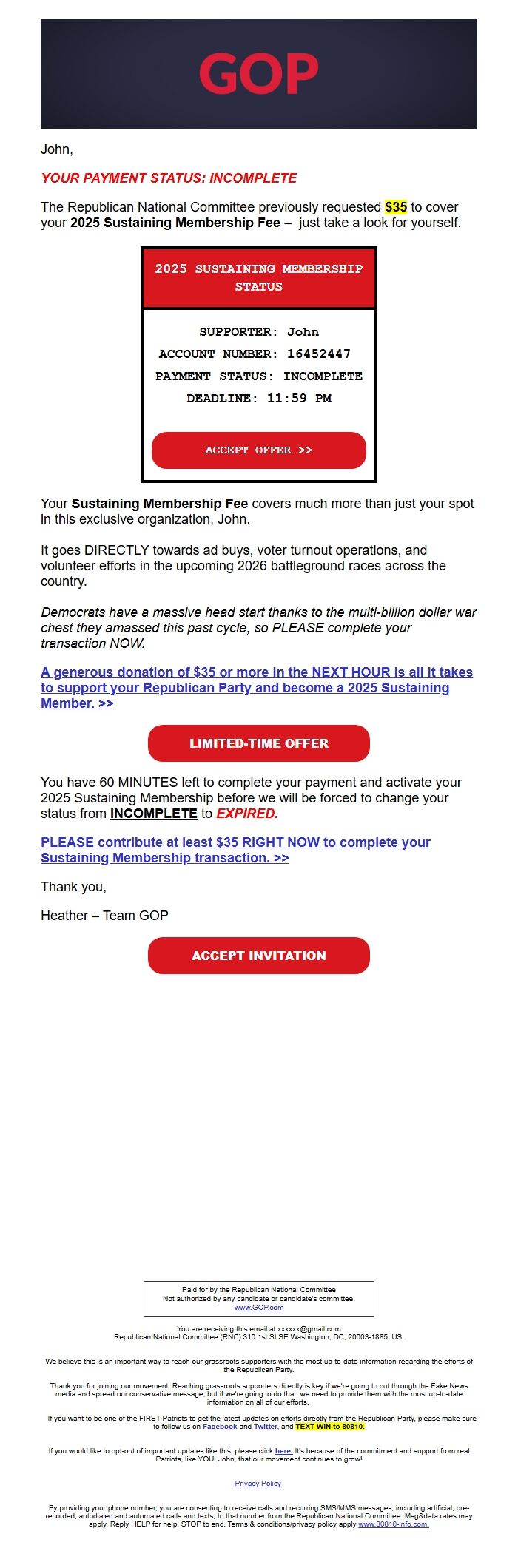 Screenshot of the email generated on import