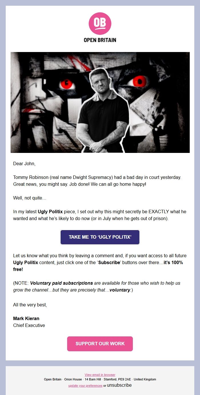Screenshot of the email generated on import