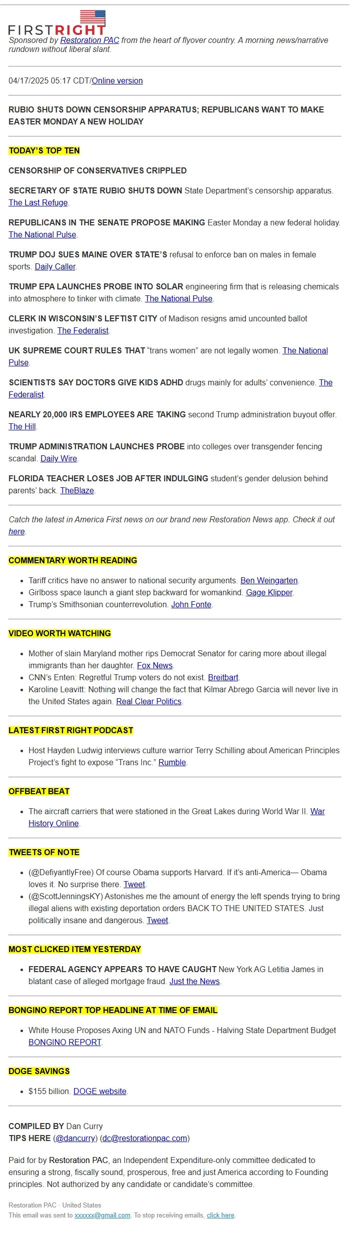 Screenshot of the email generated on import
