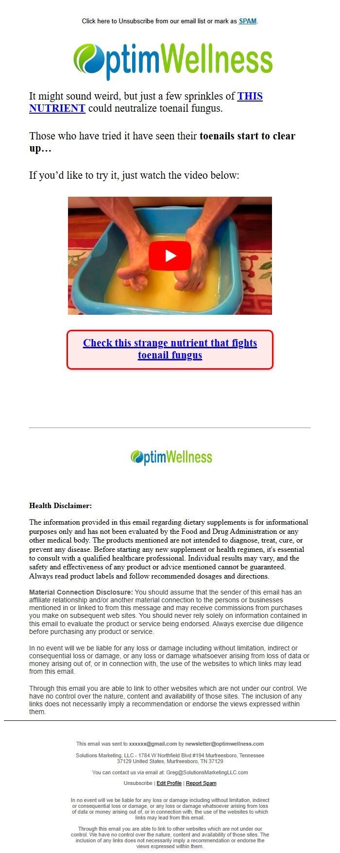 Screenshot of the email generated on import