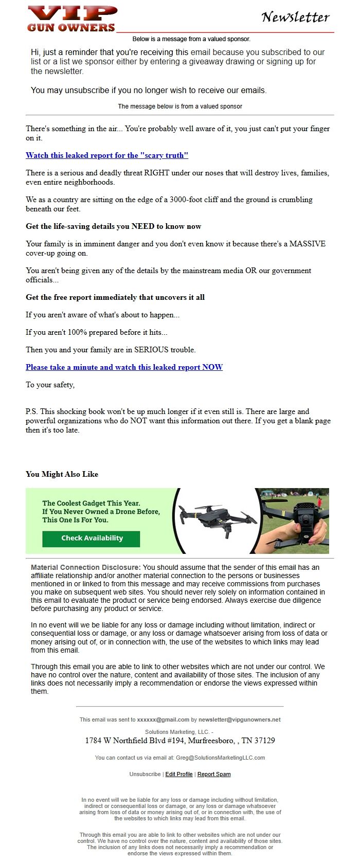 Screenshot of the email generated on import
