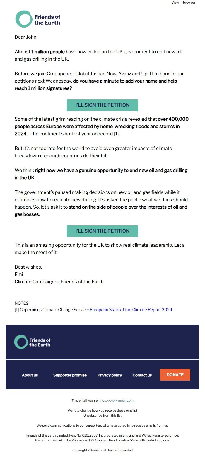 Screenshot of the email generated on import