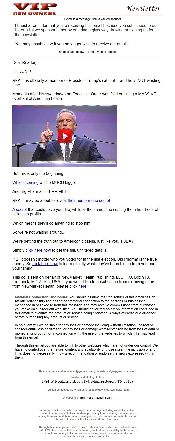 Screenshot of the email generated on import