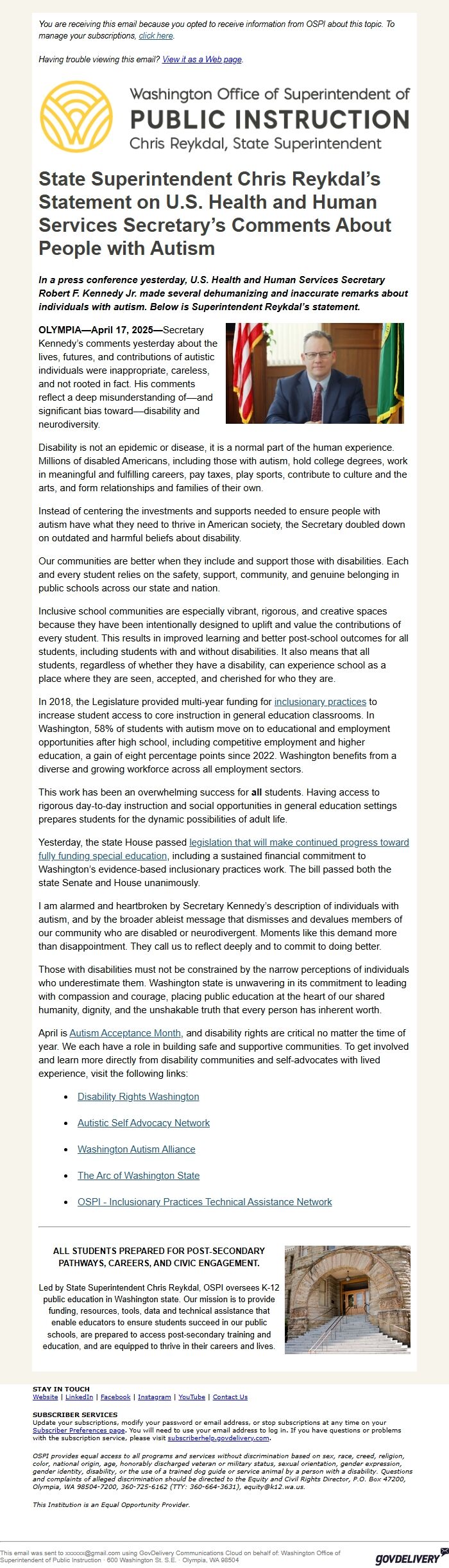 Screenshot of the email generated on import